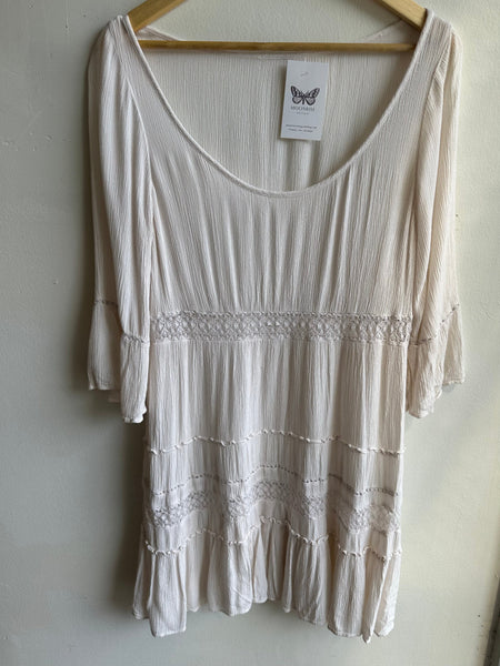 Textured Boho Babydoll Tunic – Creamy Gauze with Crochet Detail | Size Large