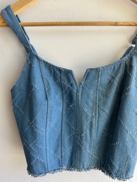 Denim Western Cropped Bustier Tank Top | Size Medium