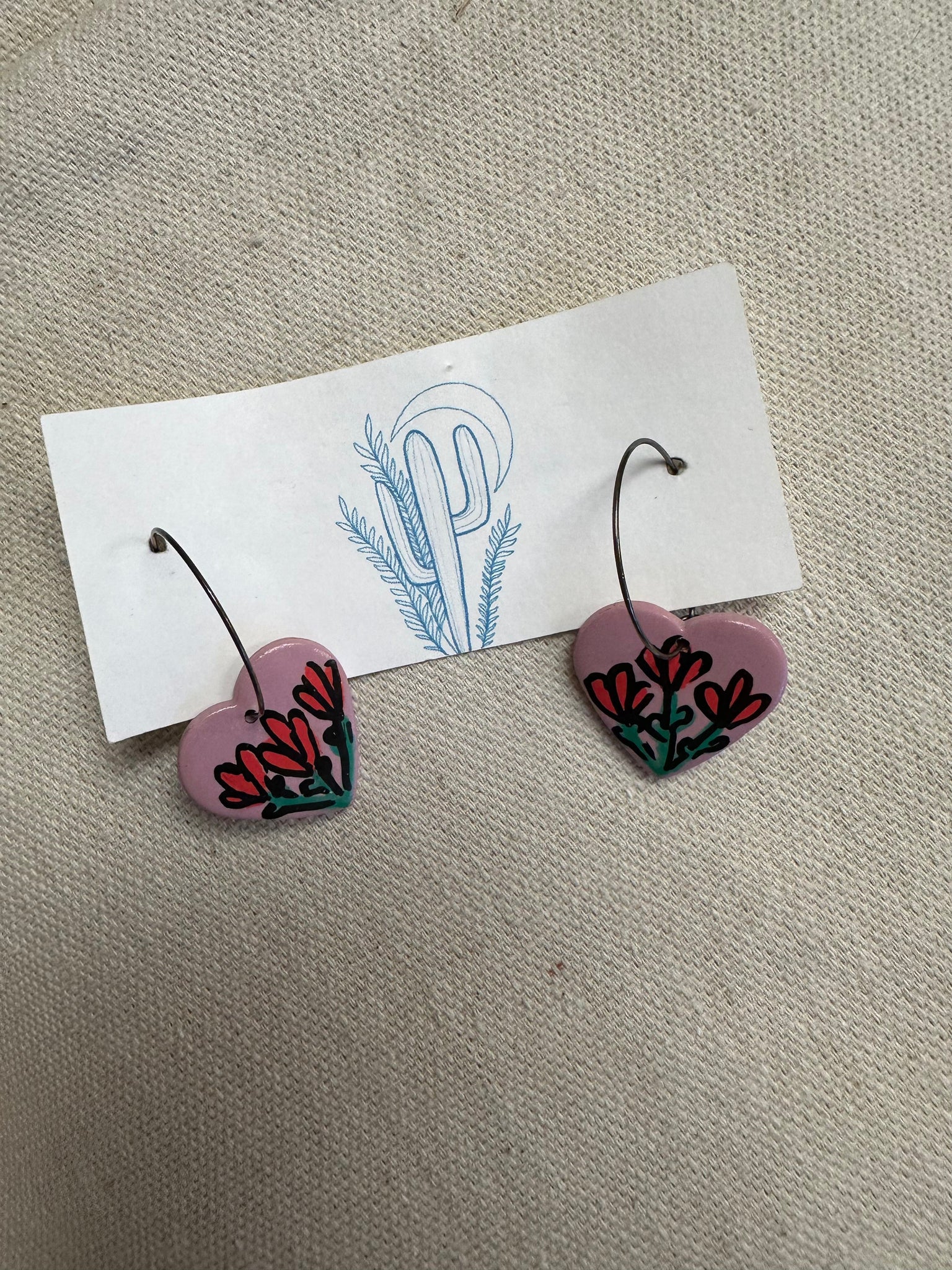 Kactus Blue Flowet Heart Clay Earrings