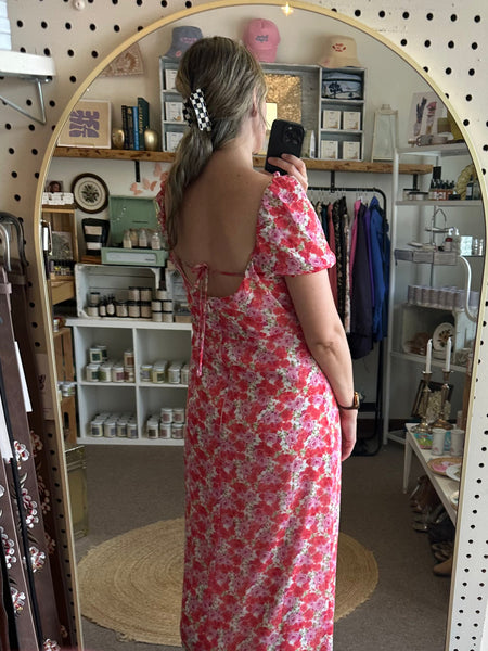 Floral Puff-Sleeve Midi Dress – Square Neckline in Rosy Bloom | Size Med/Large