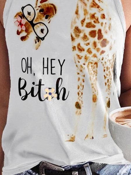 Giraffe Print English Glasses Round Neck Sleeveless Tank Tops