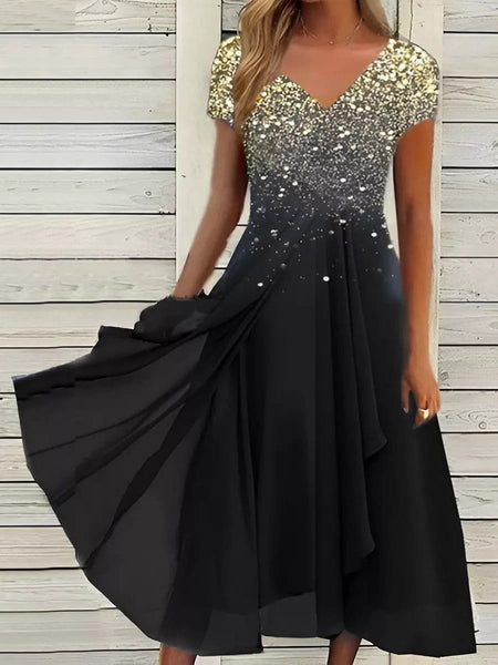 Glimmering V-Neck Asymmetrical Chiffon Midi Dress with practical styling and dependable silhouette control.