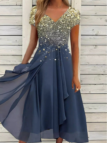 Glimmering V-Neck Asymmetrical Chiffon Midi Dress with practical styling and dependable silhouette control.