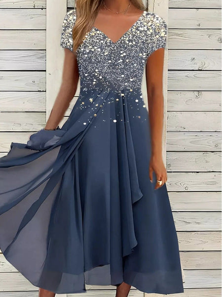 Glimmering V-Neck Asymmetrical Chiffon Midi Dress with practical styling and dependable silhouette control.