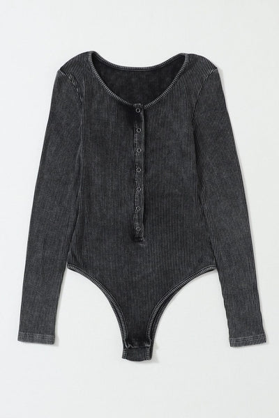 Women's Washed Ribbed Henley Long Sleeve Bodysuit