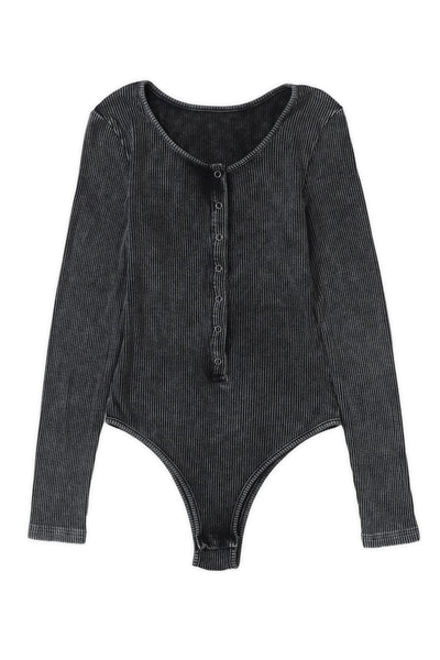 Women's Washed Ribbed Henley Long Sleeve Bodysuit