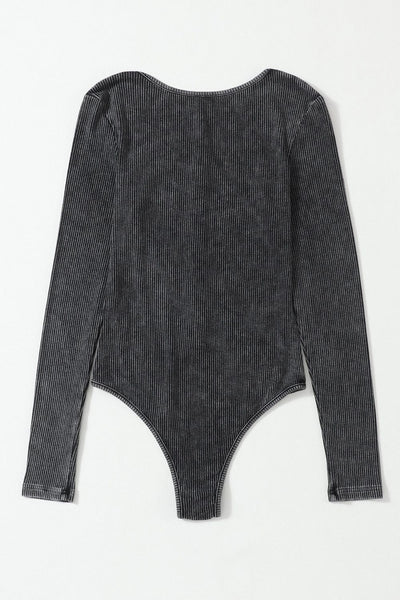 Women's Washed Ribbed Henley Long Sleeve Bodysuit