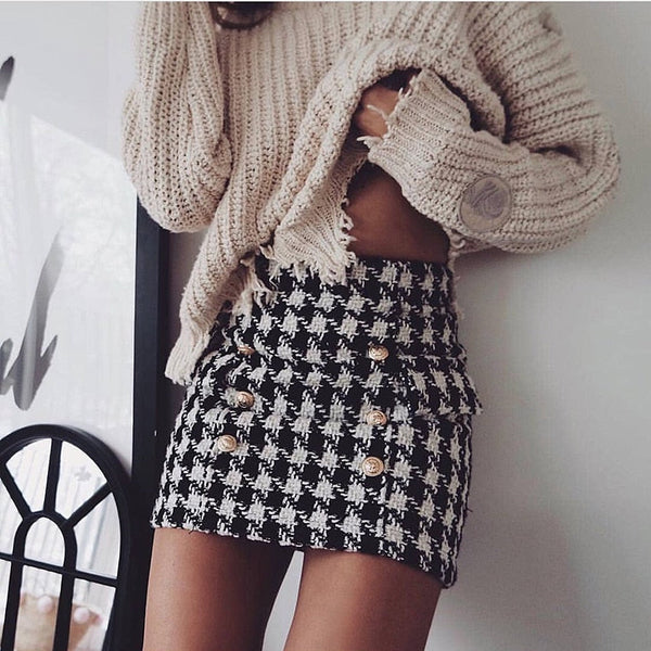 Button Plaid Mini Skirt