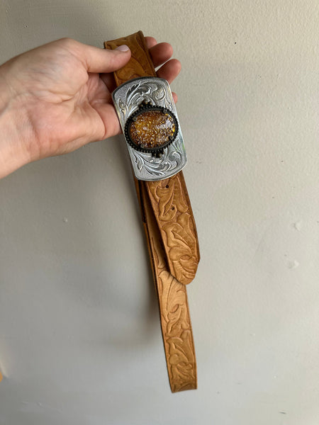 Tooled Leather Belt with Ornate Citrine Buckle