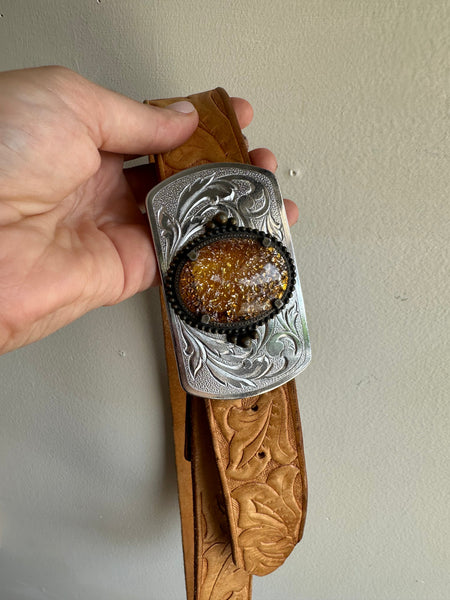 Tooled Leather Belt with Ornate Citrine Buckle