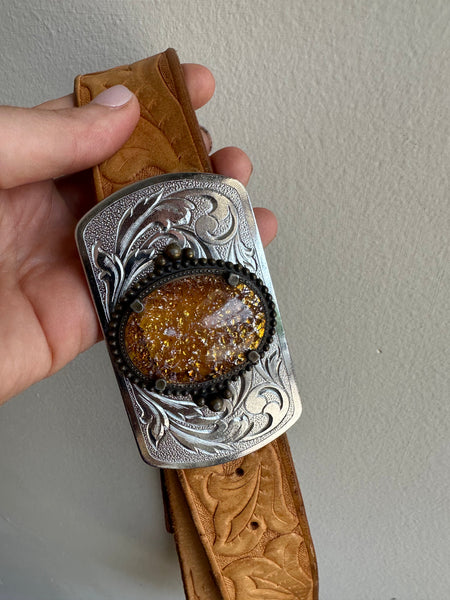 Tooled Leather Belt with Ornate Citrine Buckle
