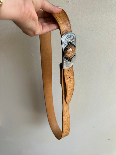 Tooled Leather Belt with Ornate Citrine Buckle