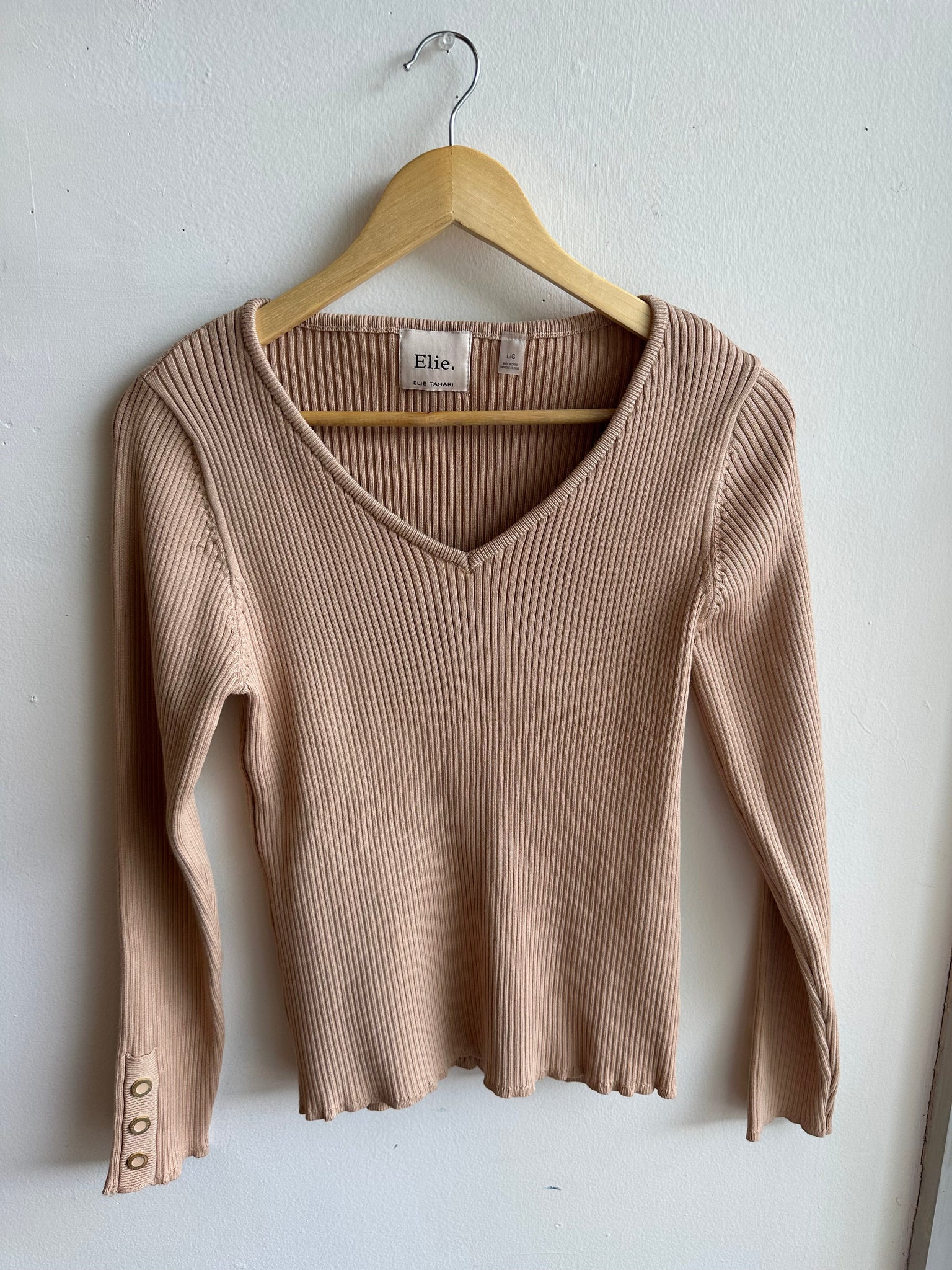 Elie Ribbed Knit Top in Blush Beige – Size Large