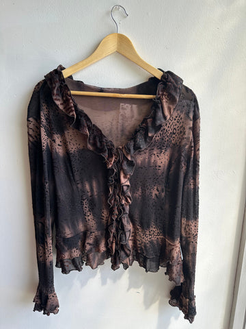 Y2K Sheer Ruffle Mesh Blouse – Animal Print | Size Large