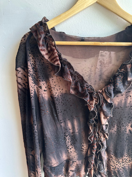 Y2K Sheer Ruffle Mesh Blouse – Animal Print | Size Large