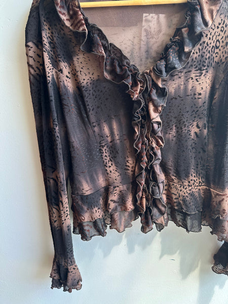 Y2K Sheer Ruffle Mesh Blouse – Animal Print | Size Large