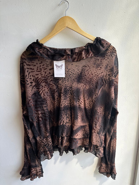 Y2K Sheer Ruffle Mesh Blouse – Animal Print | Size Large