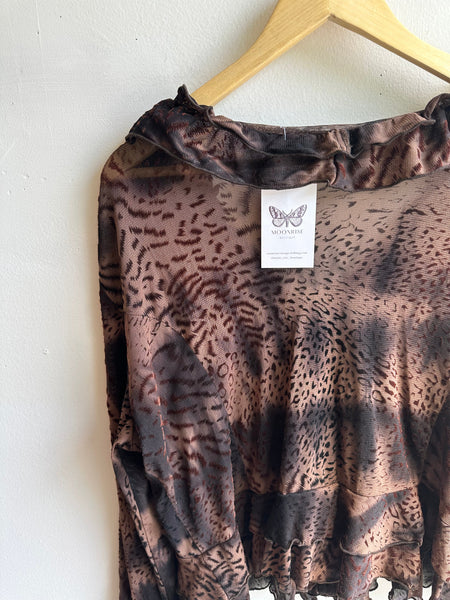 Y2K Sheer Ruffle Mesh Blouse – Animal Print | Size Large
