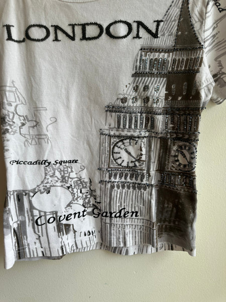Y2K London Graphic Tee with Rhinestone Detail | Size Medium