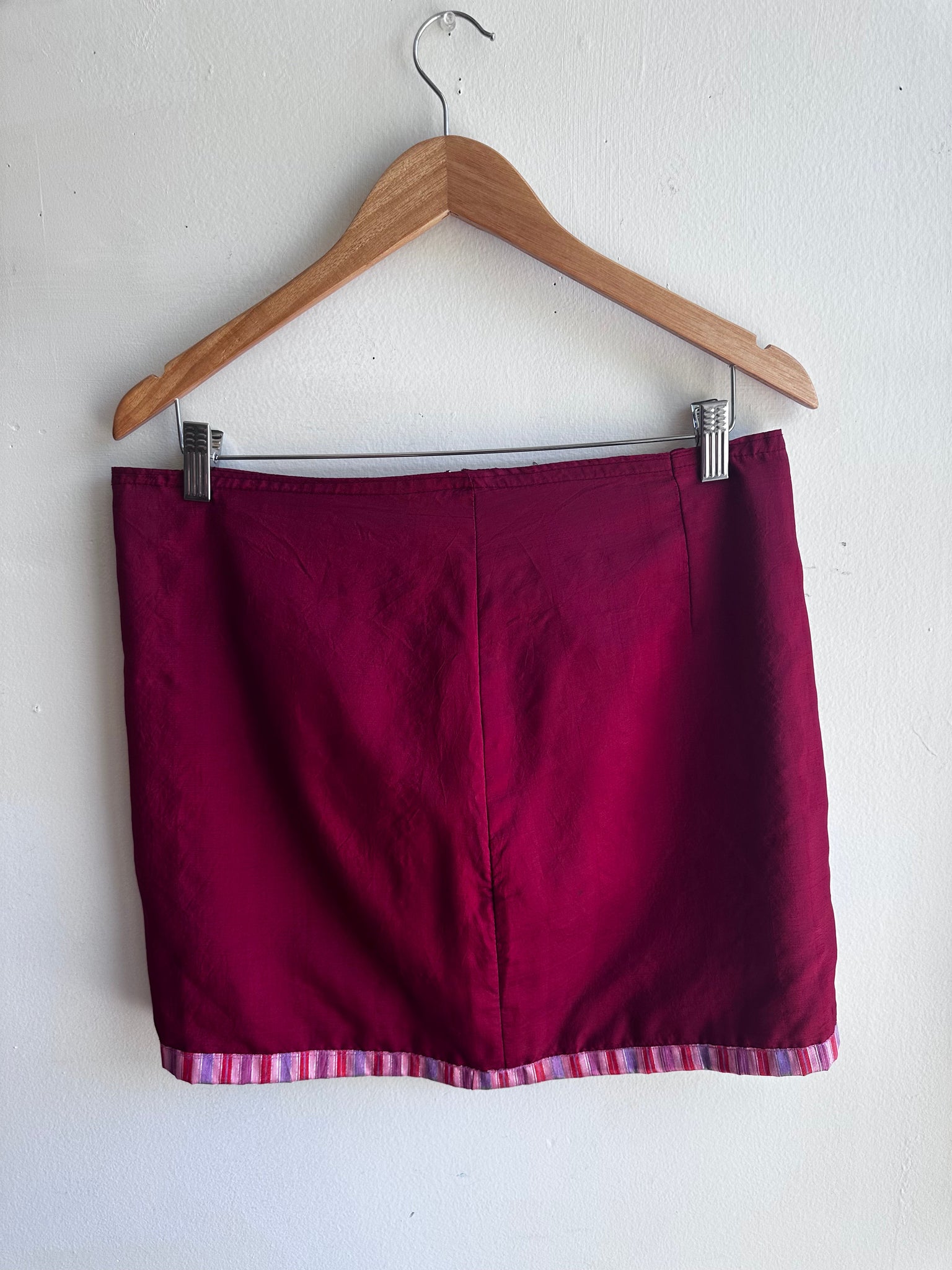 Handmade Cherry Red Mini Skirt with Striped Hem – Size Large