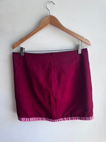 Handmade Cherry Red Mini Skirt with Striped Hem – Size Large
