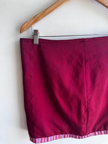 Handmade Cherry Red Mini Skirt with Striped Hem – Size Large