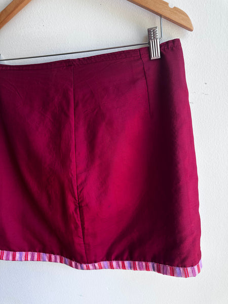 Handmade Cherry Red Mini Skirt with Striped Hem – Size Large