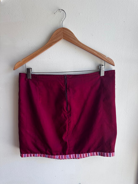 Handmade Cherry Red Mini Skirt with Striped Hem – Size Large