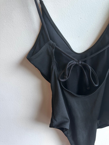 Black Ribbed Tie-Back One-Piece – Size Medium