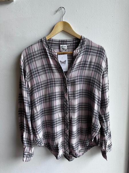 Soft Pink & Grey Plaid Button-Up – Size Small