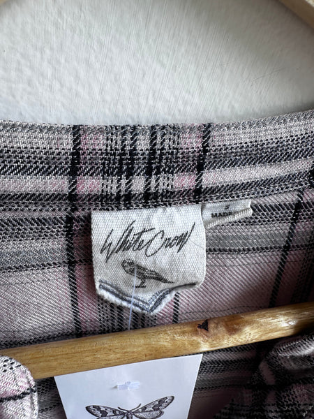Soft Pink & Grey Plaid Button-Up – Size Small