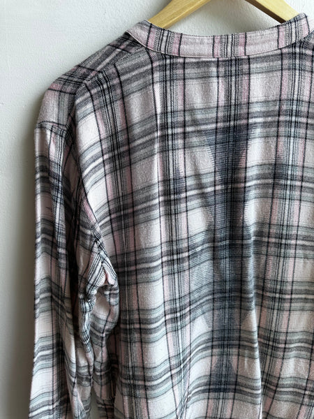 Soft Pink & Grey Plaid Button-Up – Size Small