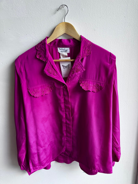 Magenta Embroidered Satin Look Blouse – Size Large