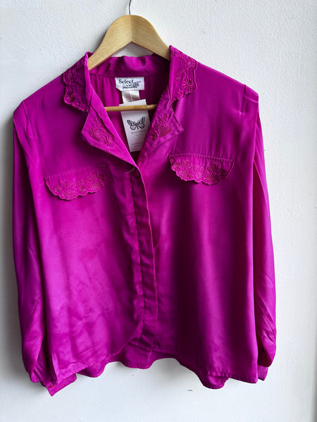Magenta Embroidered Satin Look Blouse – Size Large