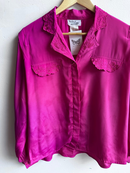Magenta Embroidered Satin Look Blouse – Size Large