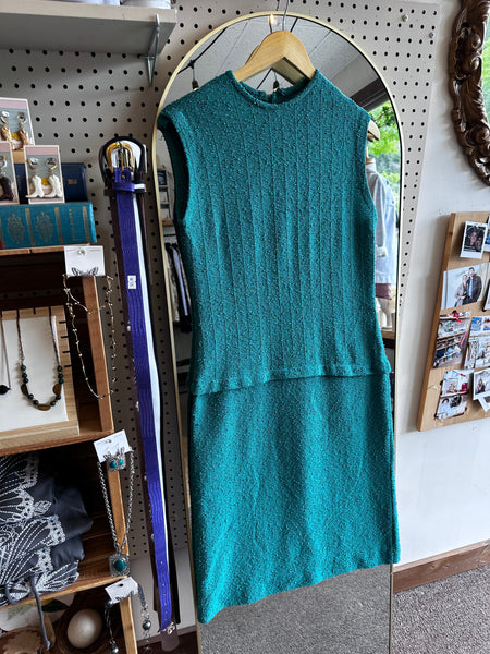 Vintage 1960s Teal Bouclé Knit Shift Dress | Size Medium
