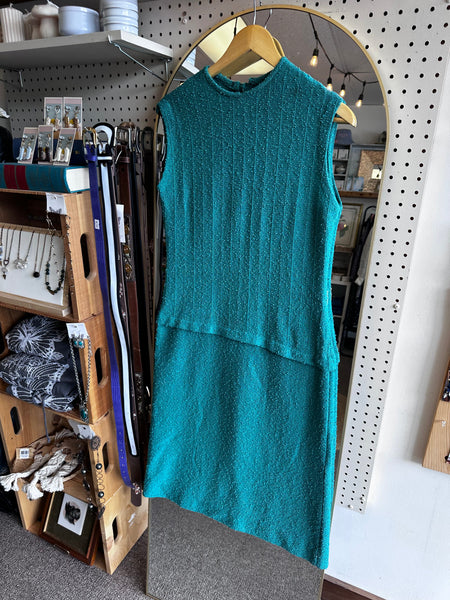 Vintage 1960s Teal Bouclé Knit Shift Dress | Size Medium