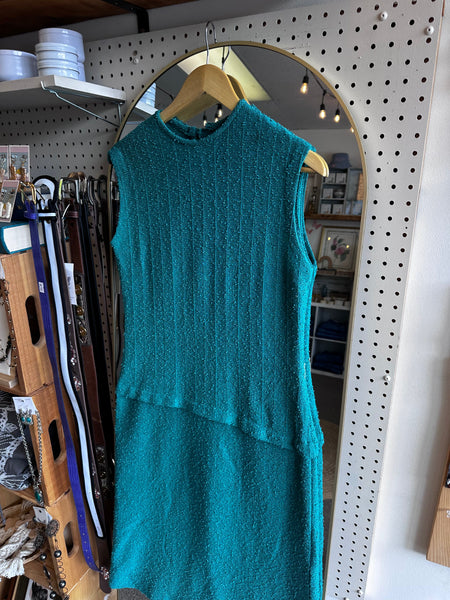 Vintage 1960s Teal Bouclé Knit Shift Dress | Size Medium
