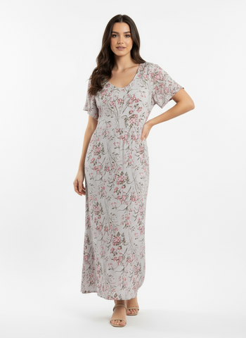 Vintage Blush Floral Crinkle Maxi Dress with Pockets | Size XL