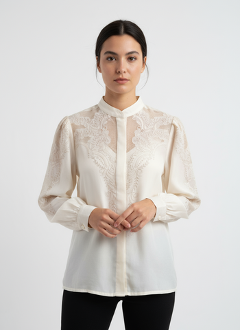 Vintage Tesoro’s Cream Silk Blouse with Embroidered Lace – Size 12