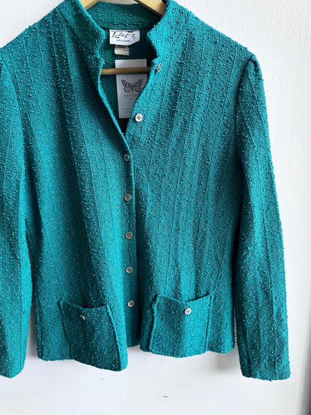 Vintage Leslie Fay Teal Bouclé Button-Up Jacket – Size Medium