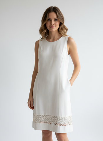 Vintage 60s Cream Shift Dress with Scroll Hem Detail – Size Medium