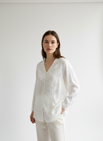 Vintage Shimmery Jacquard Button-Up Blouse – Size Large