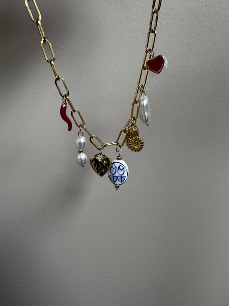 Gold Charm Link Necklace with Hearts, Pearls & Porcelain Bead