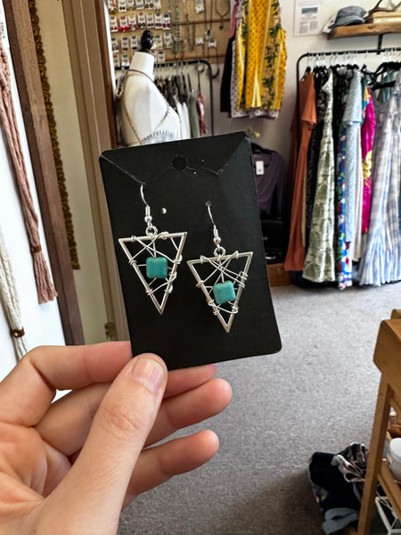 Sterling Silver Wire Turquoise Geometric Drop Earrings