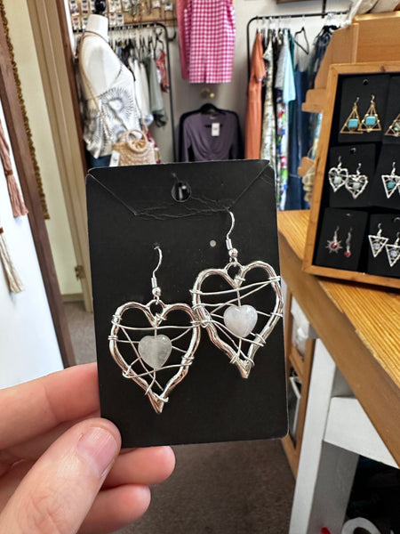 Sterling Silver Wire Heart Dangle Earrings with Rose Quartz