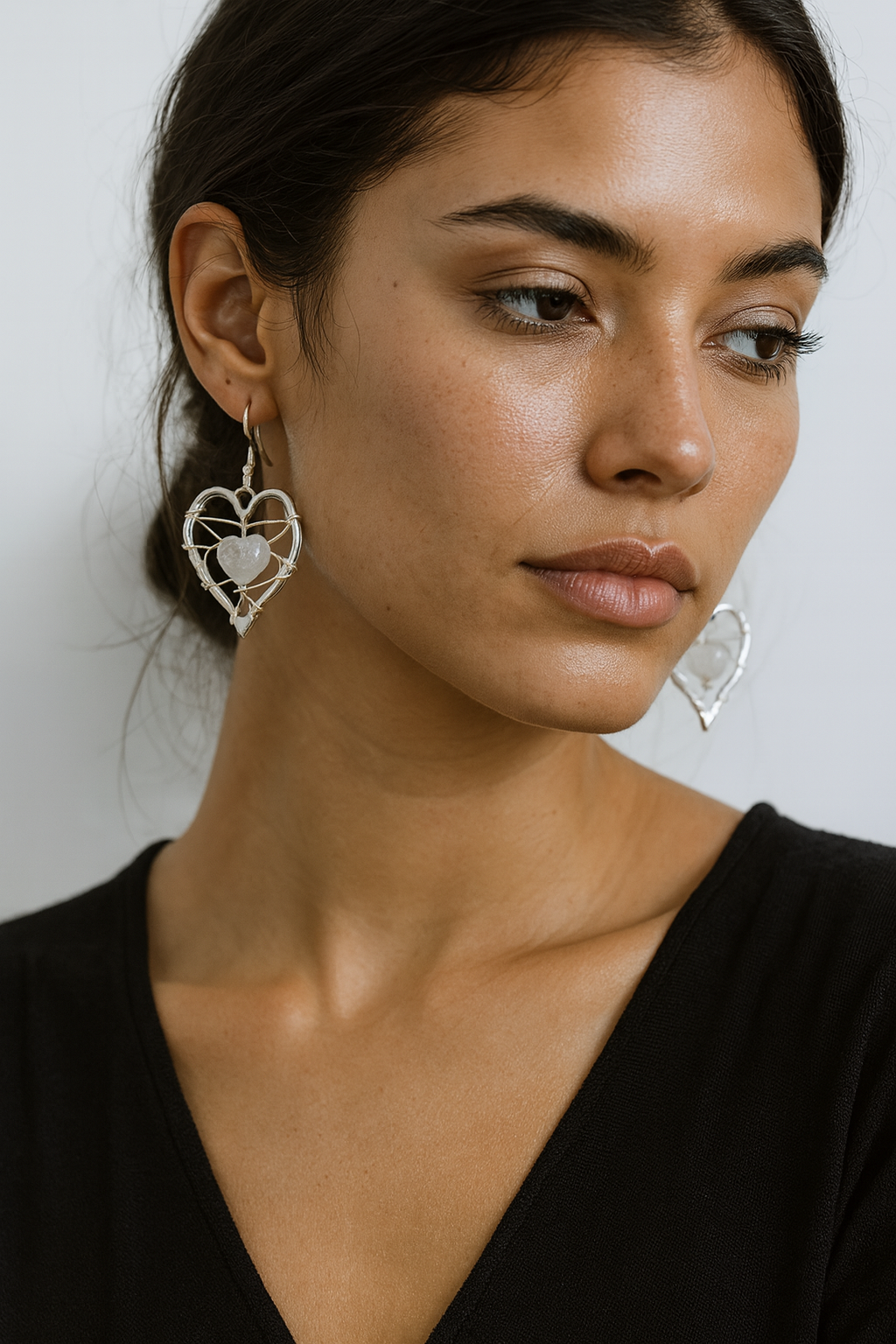 Sterling Silver Wire Heart Dangle Earrings with Rose Quartz