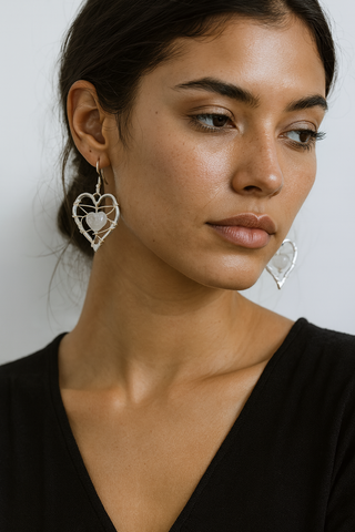 Sterling Silver Wire Heart Dangle Earrings with Rose Quartz