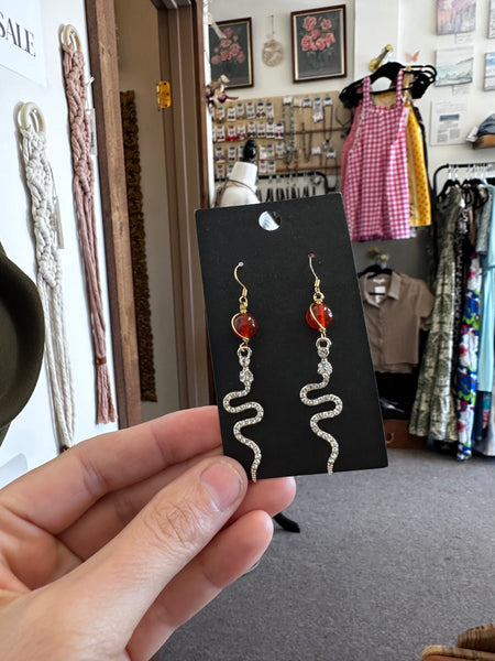 Sterling Silver Serpent Fire Red Carnelian Earrings