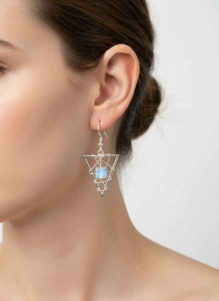 Sterling Silver Moonstone Triangle Web Earrings